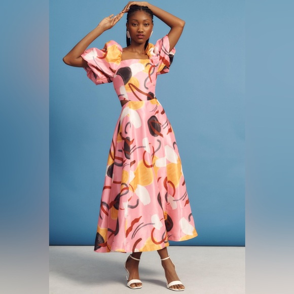 ✨ Anthropologie Printed Puff-Sleeve Cutout Dress Sz S - Picture 1 of 6